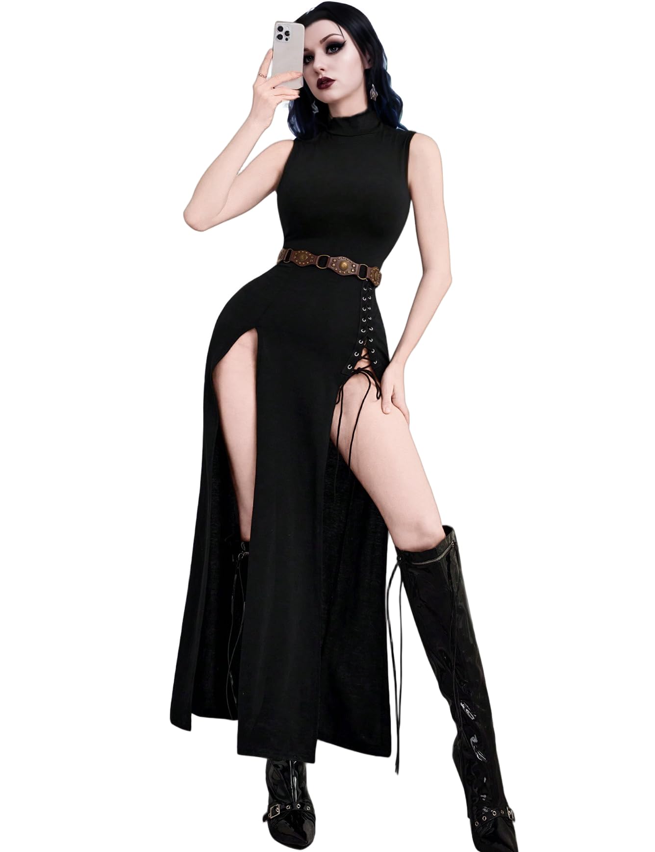 InGoticos Women's Gothic Mock Neck Split Thigh Lace Up Tank Goth Dress Without Belt Black
