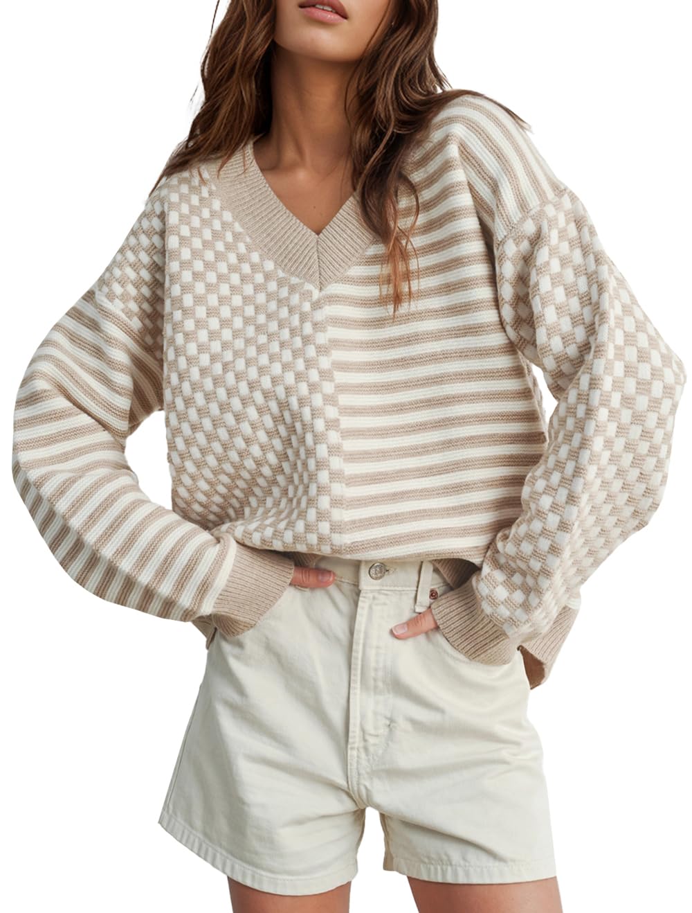 UNCLECAT Women's Striped Checkered Sweater 2025 V Neck Fall Sweaters Casual Knit Trendy Pullover Tops Beige