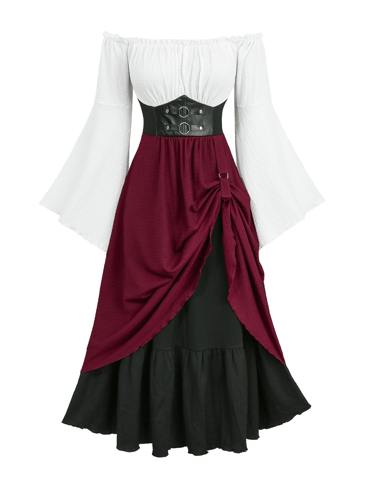 ROSE GAL Plus Size Women Renaissance Ren Faire Costume Off Shoulder Colorblock Textured Long Bell Sleeve Layered Maxi Medieval Dress(Red/L)