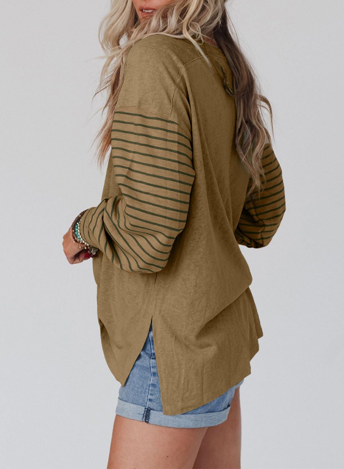 Dokotoo Long Sleeve Shirts Womens Tops Cute 2025 Spring Outfits Trendy Sweatshirt Business Casual Loose Fit Dressy Oversized Fashion Ladies Tunics Work Blouses Striped Colorblock Knit Tops Clothing