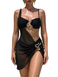 WDIRARA Women's 3 Piece Swimsuit Ring Linked Bikini Set with Sheer Cover Up Dress Black Small