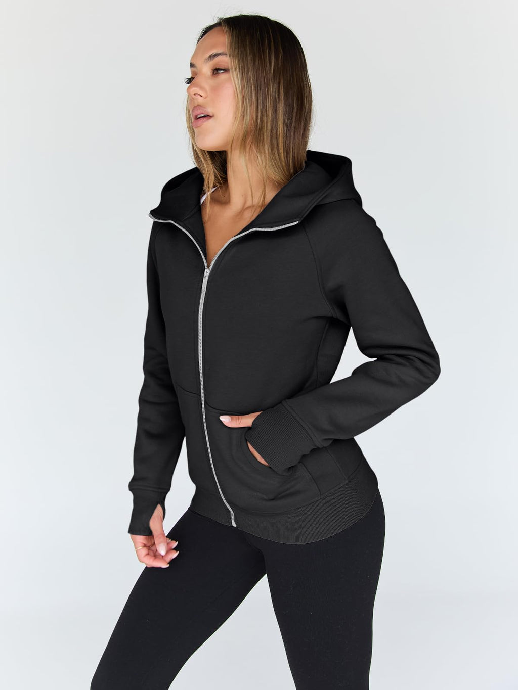 Trendy Queen Women's Full Zip Up Hoodie - Fitted Long Sleeve Sweatshirts for Fall and Winter Black M