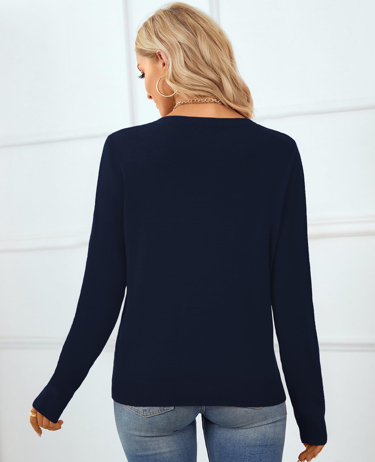 QUALFORT Women's Crewneck Sweater 100% Cotton Soft Knit Pullover Tops Navy X-Large