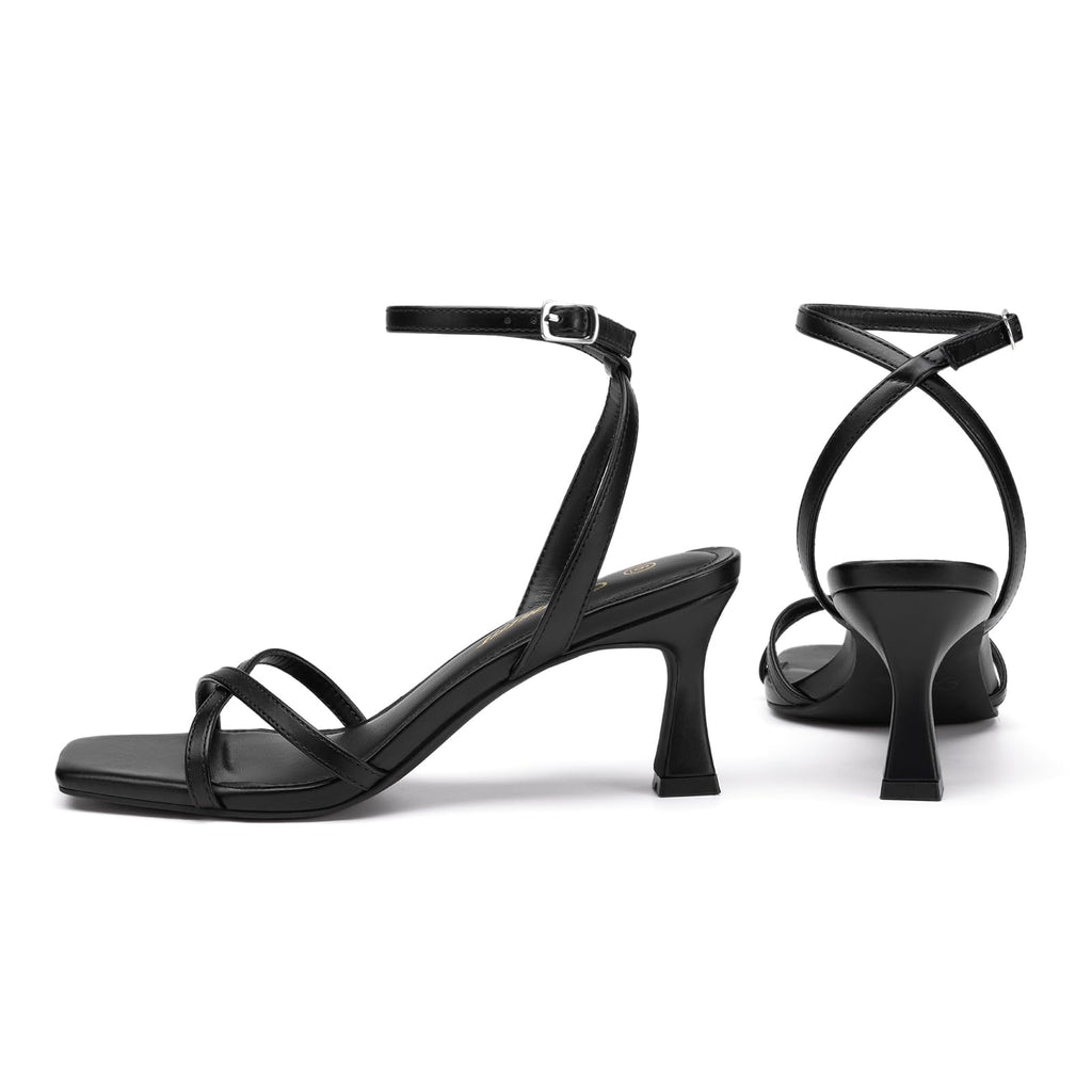 Athlefit Black Kitten Heels for Women Square Open Toe Strappy High Heels Comfortable Dressy Summer Graduation Ankle Strap Heeled Sandals Size 8