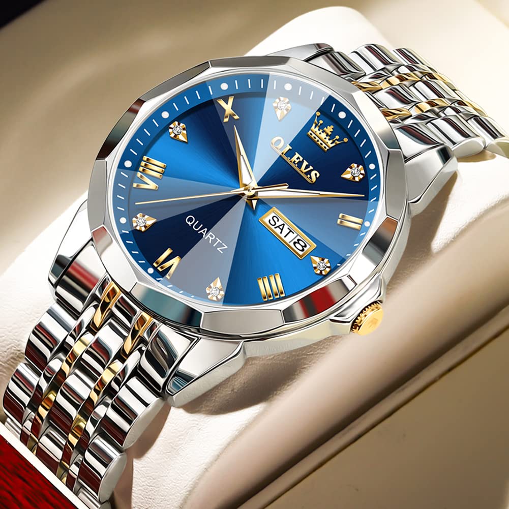 OLEVS Watch for Men Diamond Business Dress Analog Quartz Stainless Steel Waterproof Luminous Date Two Tone Luxury Casual Wrist Watch Blue Men
