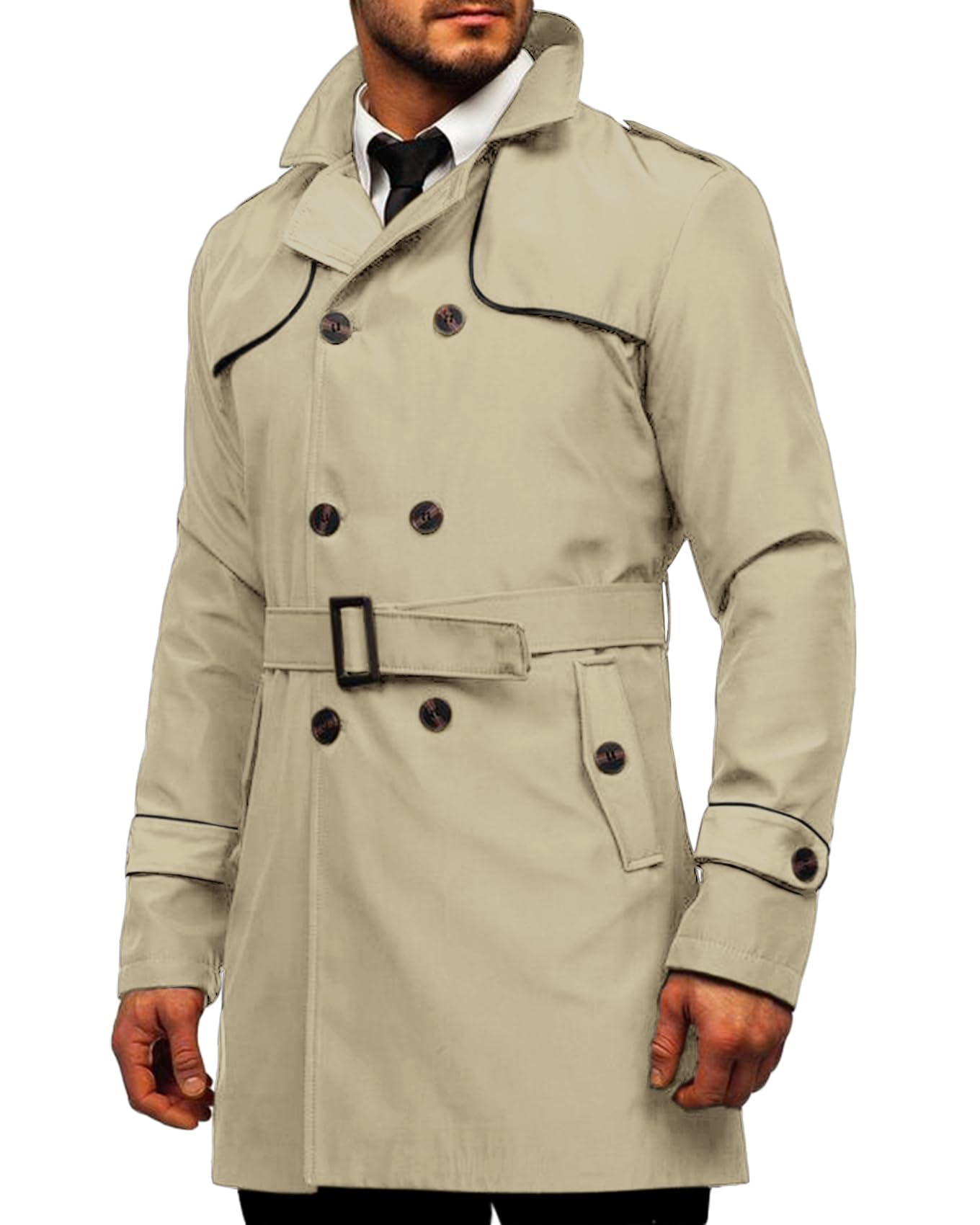 Makkrom Men's Trench Coat Slim fit Double Breasted Notched Lapel Belted Windbreaker Long Jacket Casual Windproof Overcoat