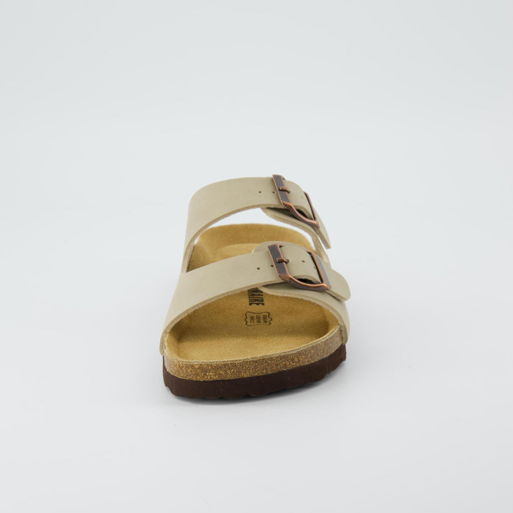 CUSHIONAIRE Lane Cork Footbed Womens Sandals Comfortable Double Buckle Slip On Sandals for Women with Arch Support and Classic Two Strap Design, STONE 8W