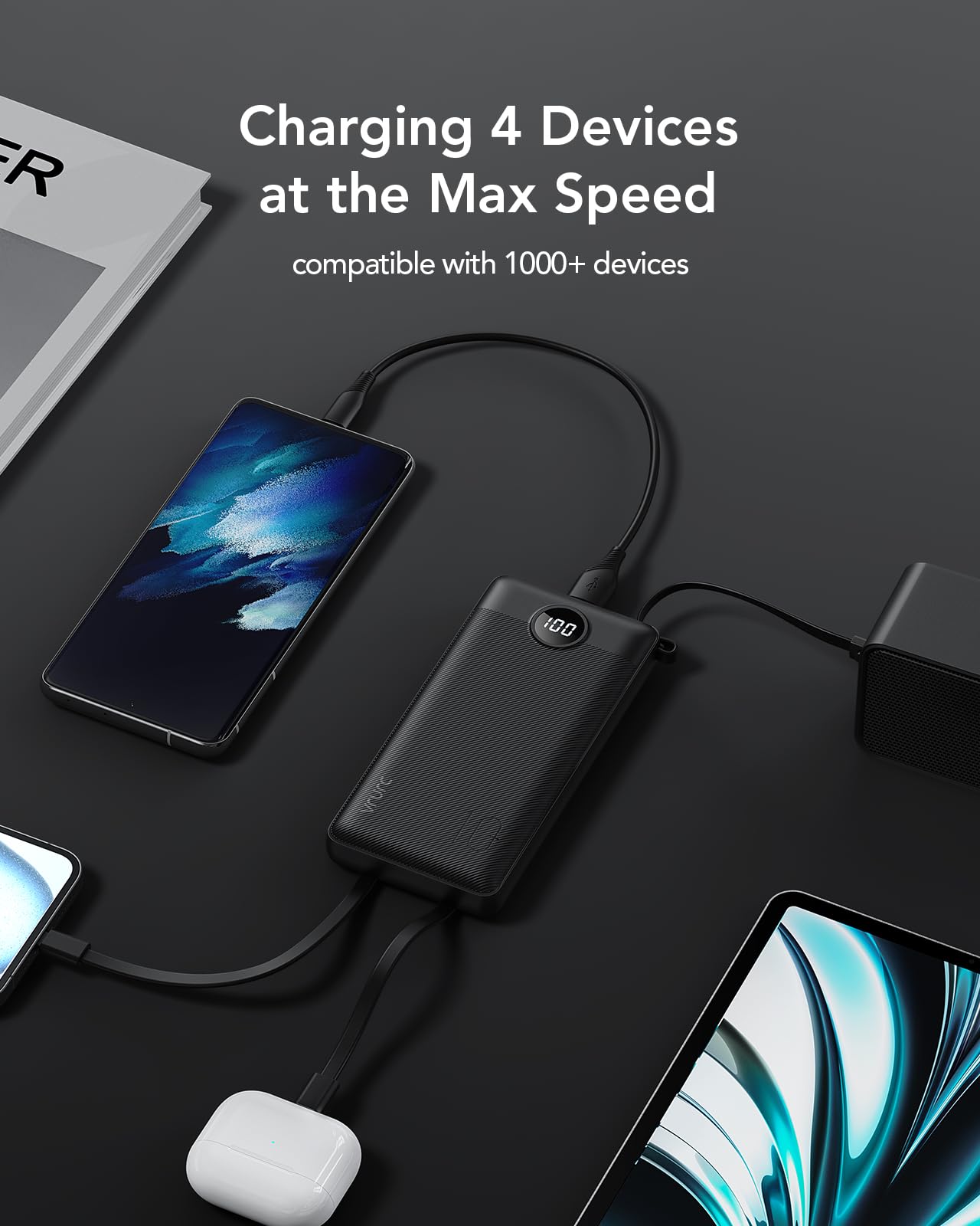 VRURC Portable Charger, 22.5W Fast Charging Power Bank Built‑in 4 Cables, 10000mAh Slim Lightweight Travel Battery Pack for iPhone, Samsung & Multi Devices, Pocket‑Friendly with Lanyard(1 Pack)