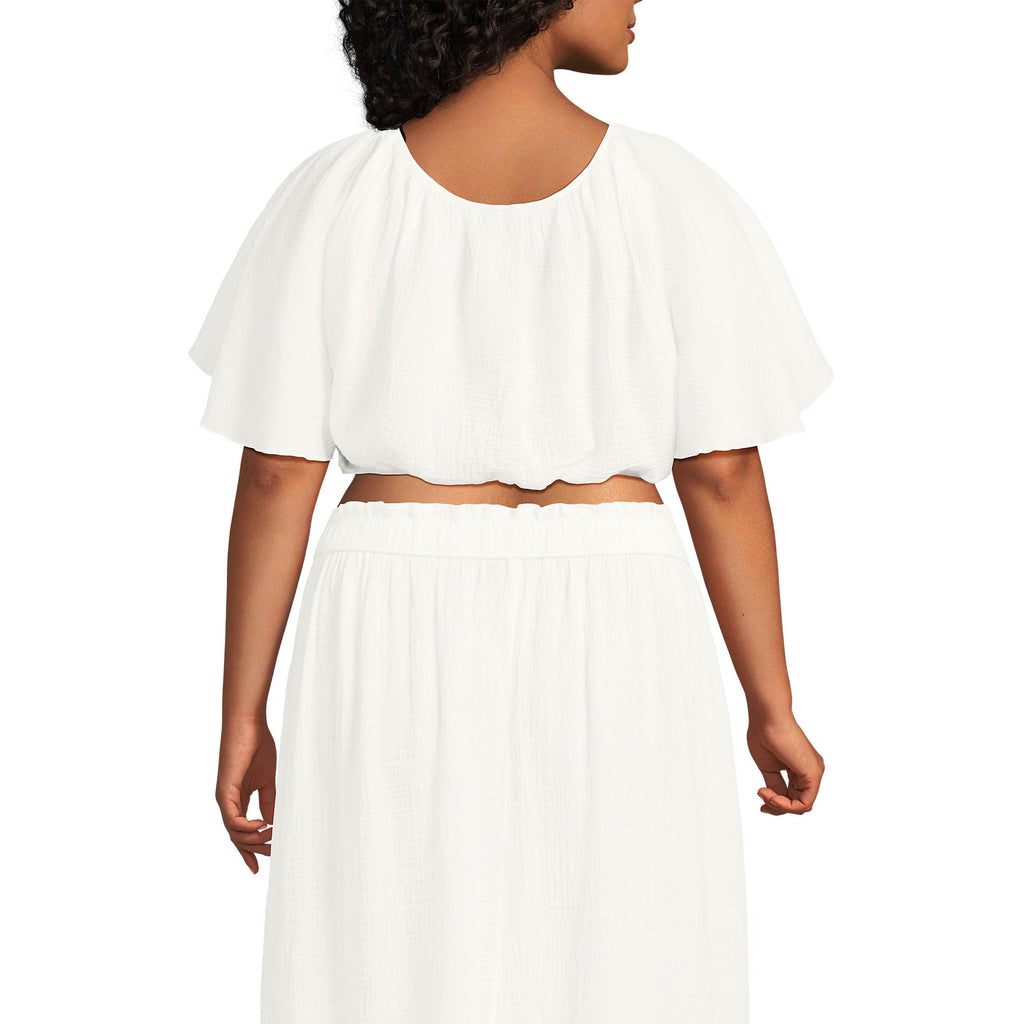 Lands' End Women's Cotton Gauze Dolman Sleeve Crop Cover Up Top Large Chalk White