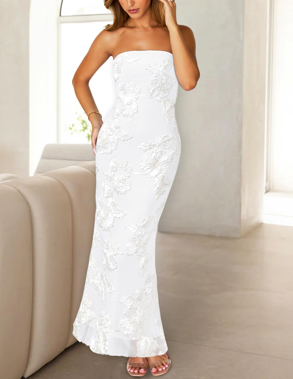 MEROKEETY Women's Floral Strapless Maxi Dress 2026 Summer Mesh Tube Bodycon Formal Wedding Guest Cocktail Party Long Dresses, White, Medium