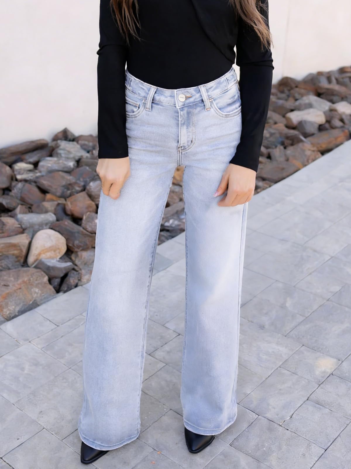 ONESO Mid-Low Rise Baggy Jeans Wide Leg for Women Distressed Pants Stretchy Bottom Lady Basic Comfortable Denim