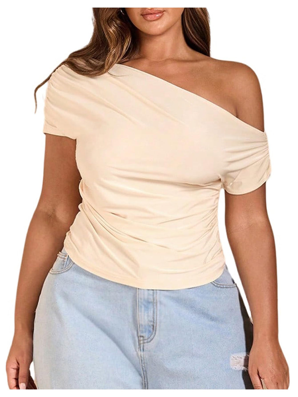 WDIRARA Women's Plus Size Off Shoulder Tee Shirt Ruched Asymmetrical Short Sleeve Tops Apricot X-Large Plus