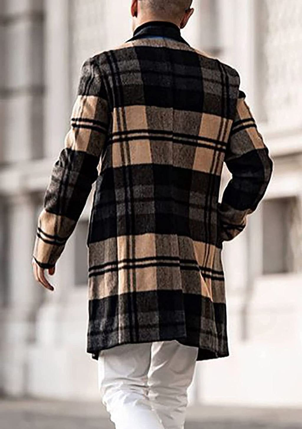 chouyatou Men's Casual Notched Collar Plaid Single Breasted Wool Blend Formal Trench Top Coat (Brown-Plaid, Large)