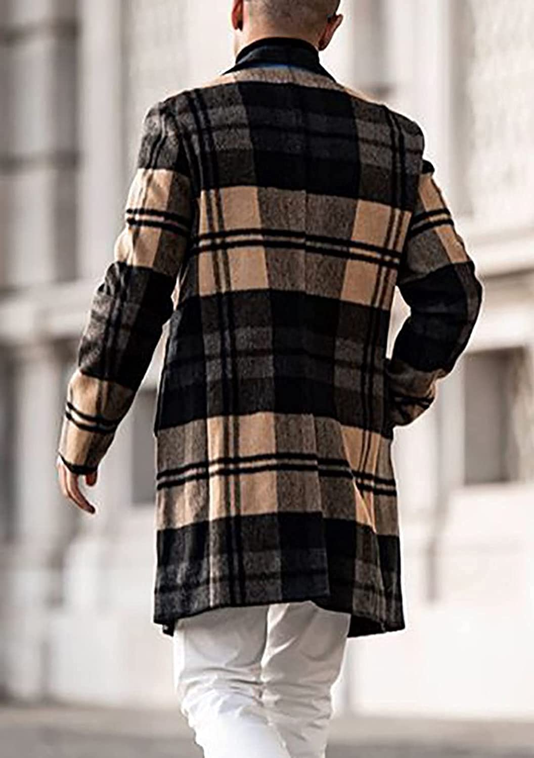 chouyatou Men's Casual Notched Collar Plaid Single Breasted Wool Blend Formal Trench Top Coat (Brown-Plaid, Large)