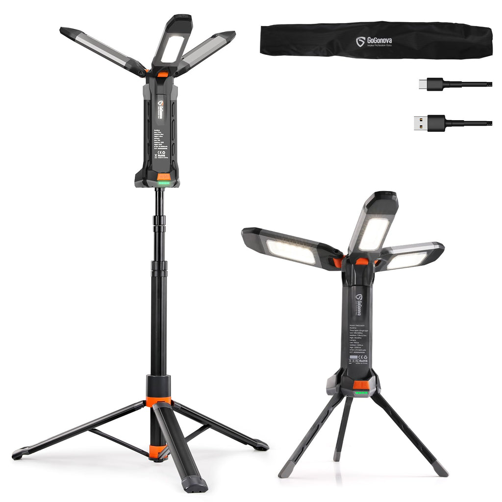 gogonova 2026 Rechargeable Work Light with Stand, 4 in 1 Cordless Camping Light, 700/1200/2200 Lumens, 4000/6500K Dimmable LED Work Lamp with Detachable Tripod（Grey）