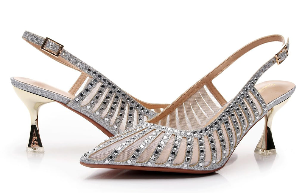 VenusCelia Women's Graceful Lady Slingback Pump Shoe (10.5 M US,Silver)