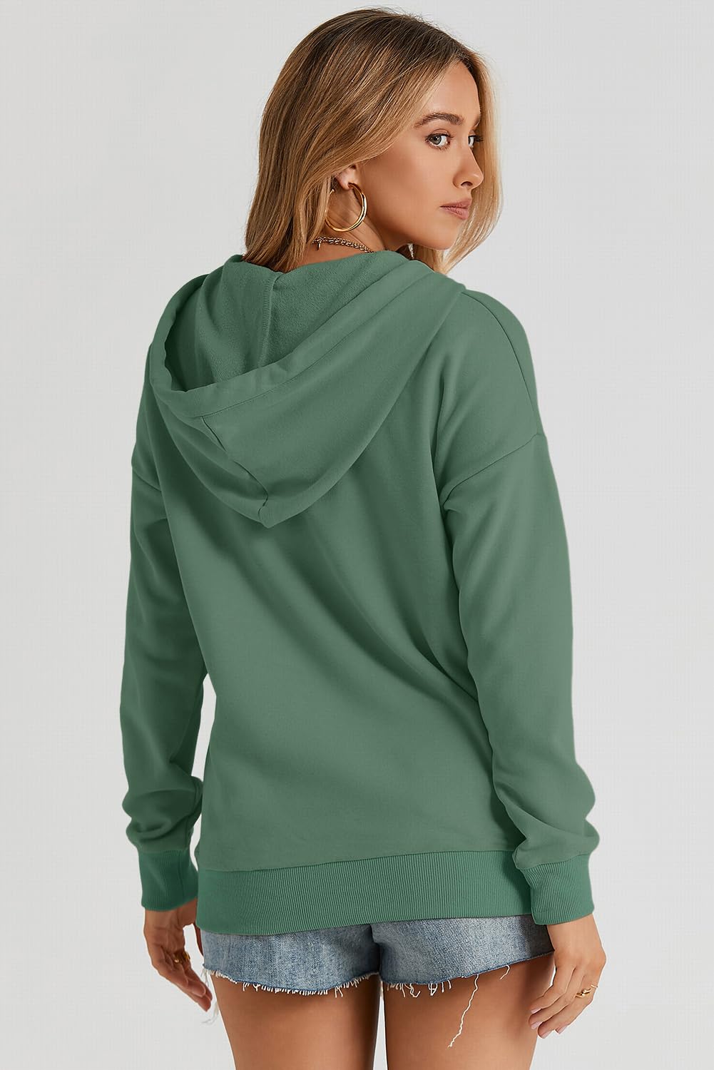 Dokotoo Hoodies for Women Drawstring V Neck Long Sleeve Front Button Collar Hooded Pullover Hoodie with Pockets Christmas Sweatshirt Loose Fit Casual Ladies Shirt Tops Winter Clothing Green Medium