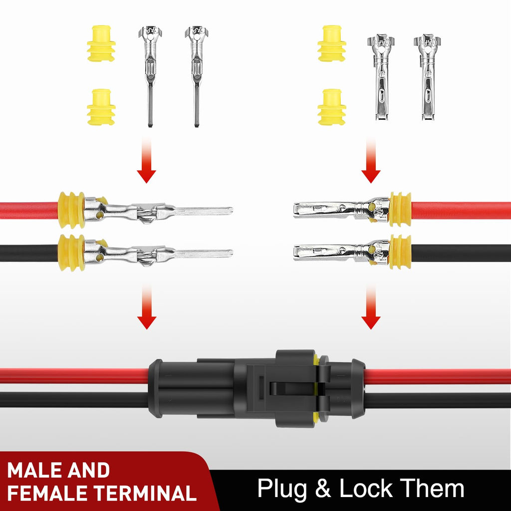 Nilight 200PCS 2 Pin Electrical Connector ‎Plug Male Female Terminal Wire Waterproof Connectors 2 Way Automotive Connect Set for Car Truck Motorcycle Marine Boat 20 Sets