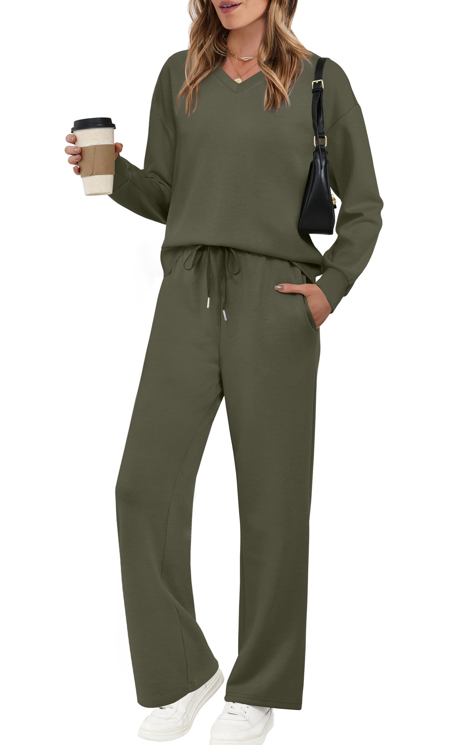 WIHOLL Airport Travel Outfits for Women 2 Piece Sets Lounge Sets for Women Fall Outfits 2026 Sweatsuits Matching Set Fall Fashion Must Haves Two Piece Vacation Clothes Winter Clothing Army Green M