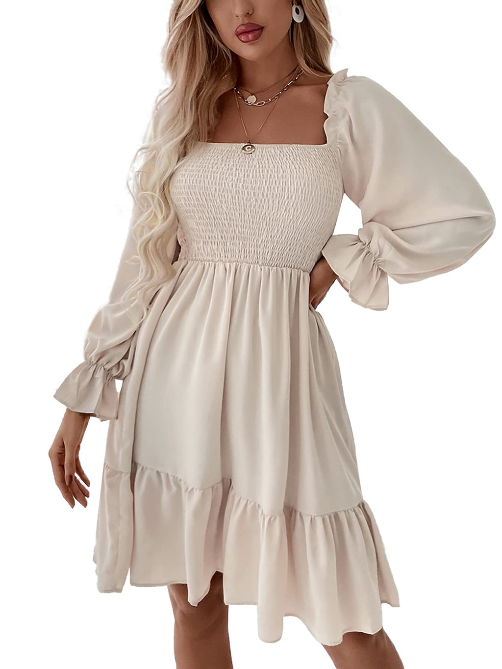 LYANER Women's Square Neck Lantern Long Sleeve Shirred Ruffle A Line Flowy Party Mini Dress Solid Beige Small
