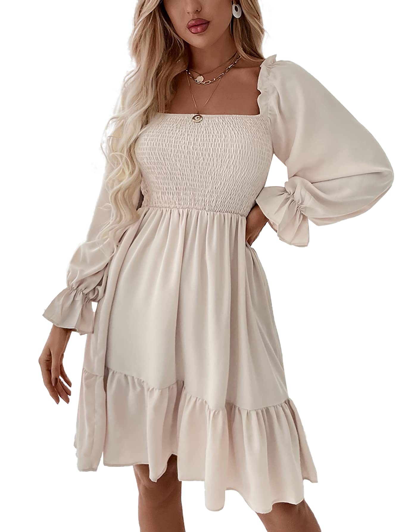 LYANER Women's Square Neck Lantern Long Sleeve Shirred Ruffle A Line Flowy Party Mini Dress Solid Beige Small