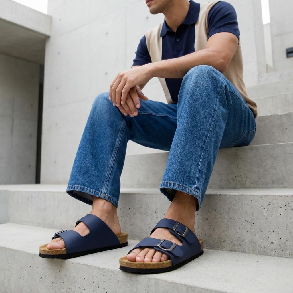 CUSHIONAIRE Lane Cork Footbed Mens Sandals, Adjustable Buckle Comfort Slides for Men, Genuine Leather Insole Summer Sandals Men Footwear, NAVY 8