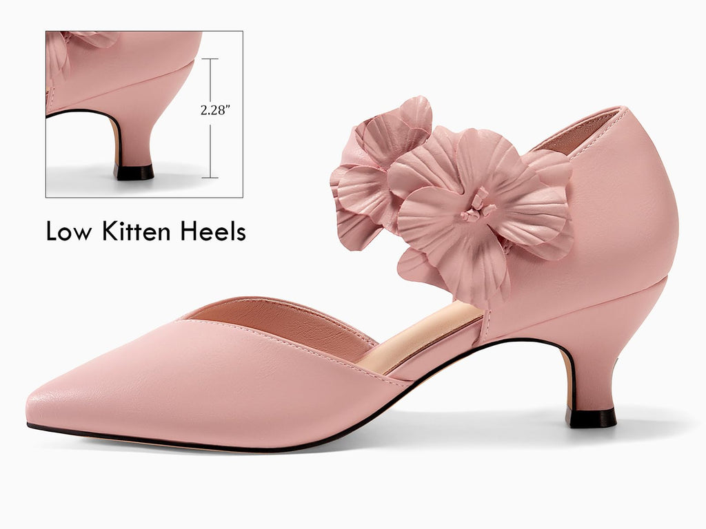 Coutgo Womens Low Kitten Heels Dressy Shoes Comfortable Closed Toe Flower Slip on Formal Party Dance Heeled Pumps, Pink, Size 8.5