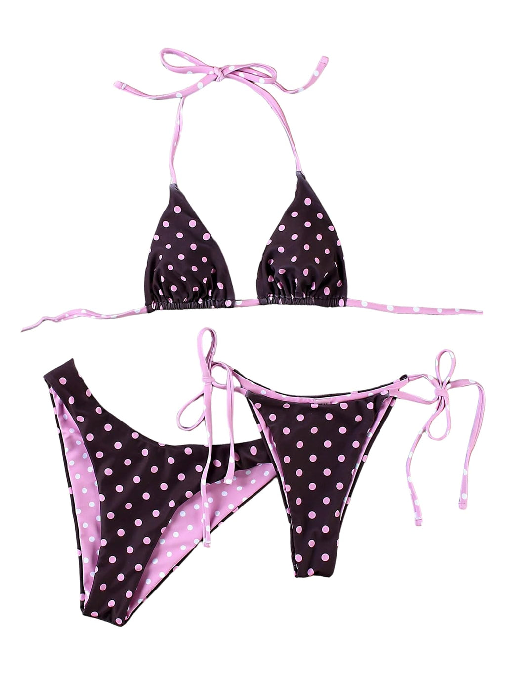 WDIRARA Women's Polka Dots Bikini Set 3 Piece Triangle Swimsuit Halter Thong Bathing Suit Black X-Large