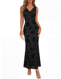 MEROKEETY Women's Summer Sleeveless Floral Bodycon Maxi Dress 2026 Elegant Formal V Neck Wedding Guest Cocktail Party Dresses, Black, Small