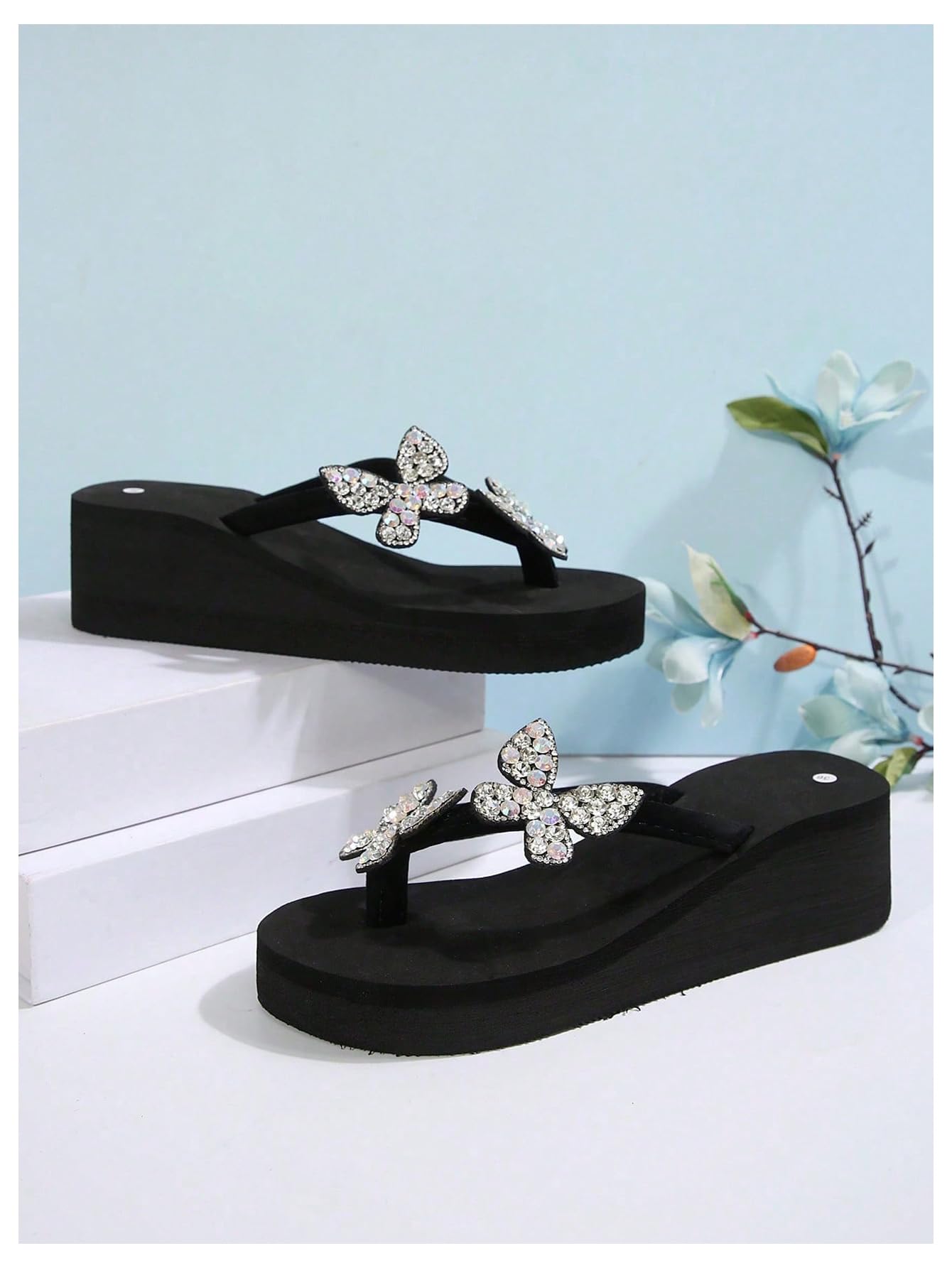 WDIRARA Women's Sparkly Rhinestone Platform Flip Flops Thong Sandals Flower Slip on Wedge Sandals Black Butterfly 8.5