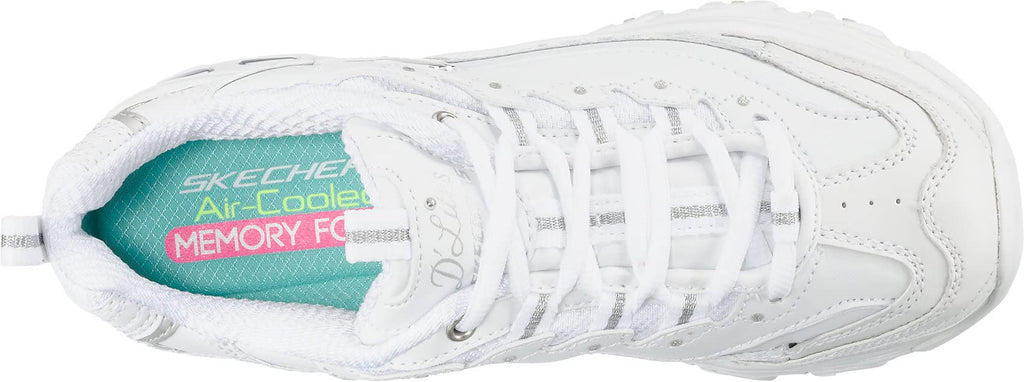 Skechers Women's D'lites Fresh Start Memory Foam Lace-up Sneaker, White/Silver, 9 Wide