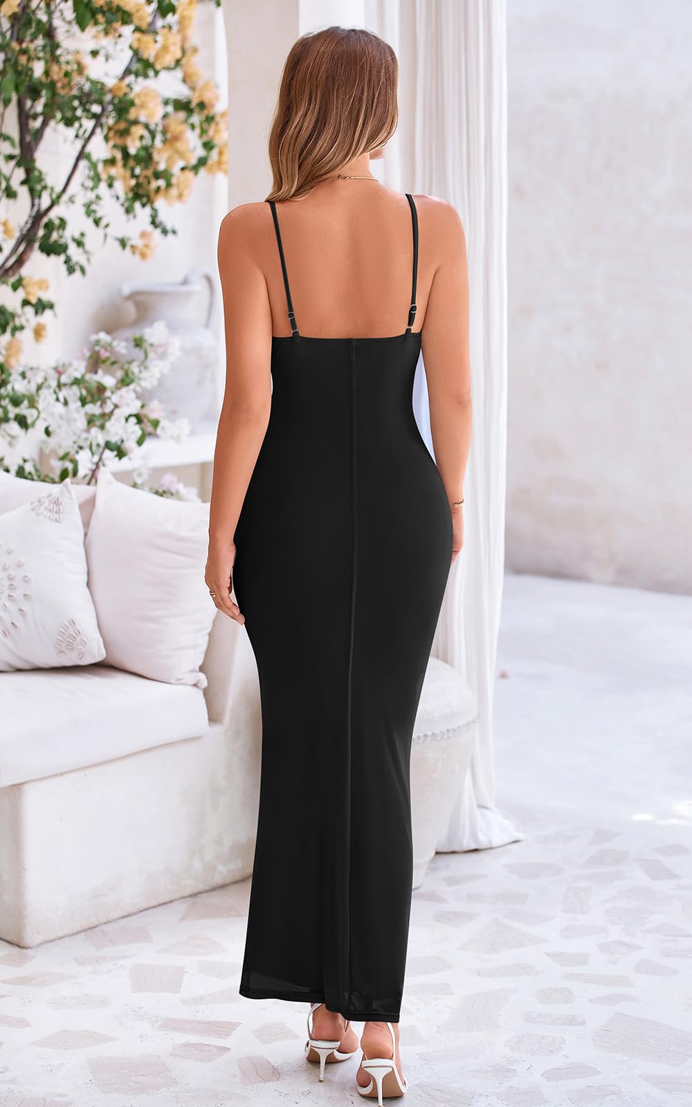 PRETTYGARDEN Solid Color Spaghetti Strap Summer Dresses for Women 2026 Trendy Stretch Bodycon Maxi Wedding Guest Dress (Black, Medium)