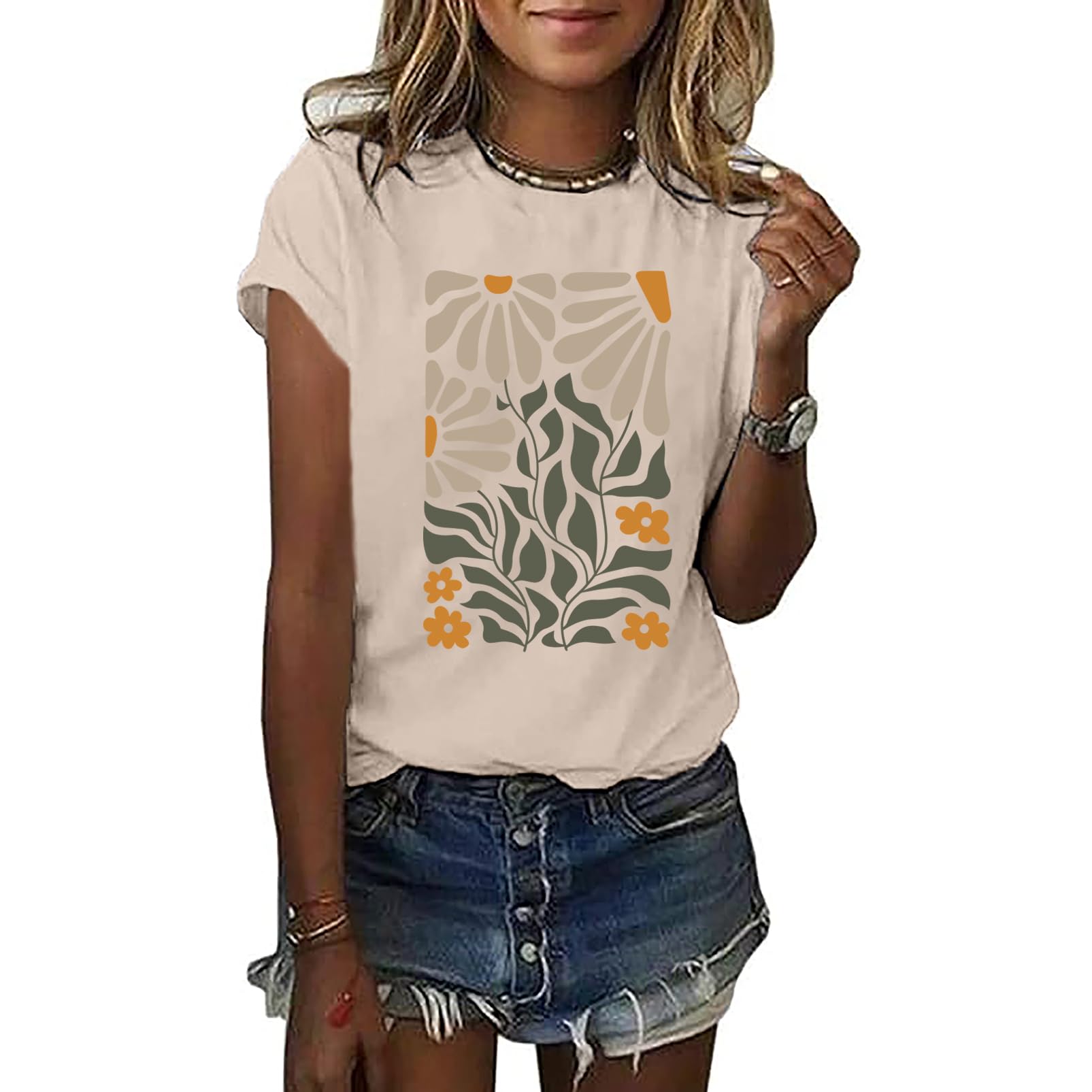 ROSEPARK Women Cute Graphic Floral Tee Shirts Apricot Medium