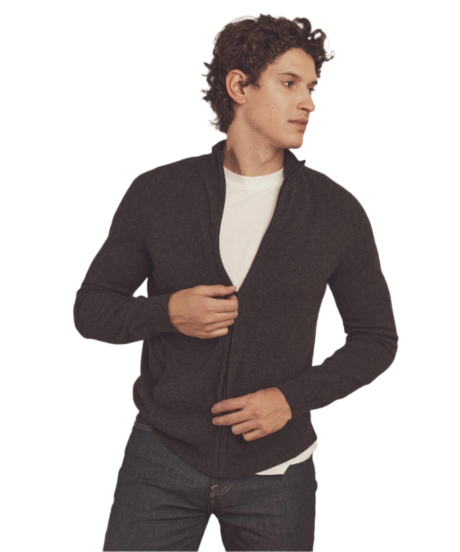 NAADAM Signature Mens Cashmere Full Zip Sweater, Smoke,M