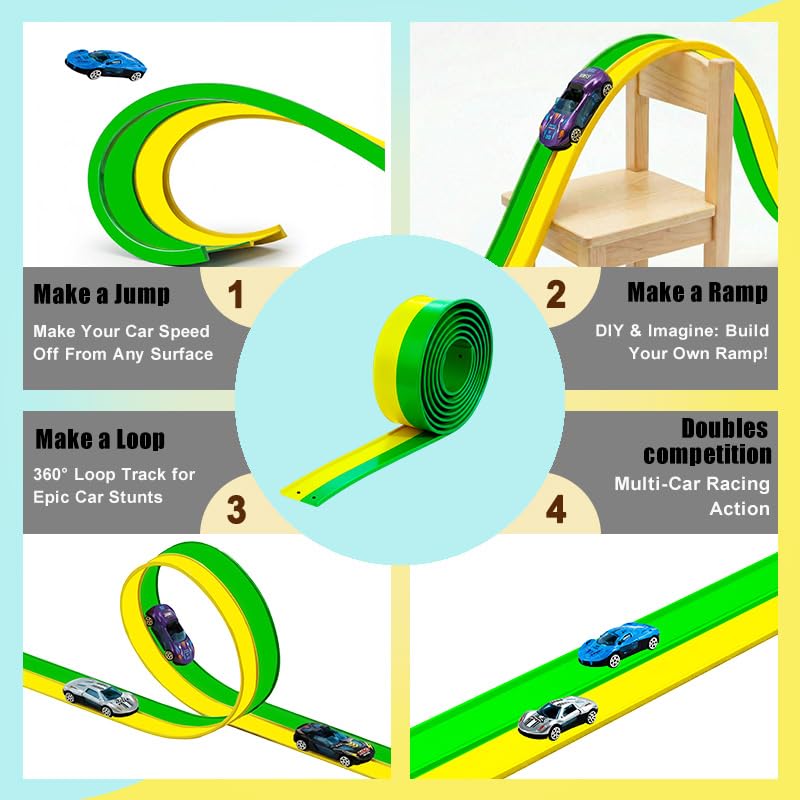 Flex Track 15ft for Kids, Build-Your-Own Creative Race Track Set, Dual-Tone Green & Yellow with Toy Cars & Parts
