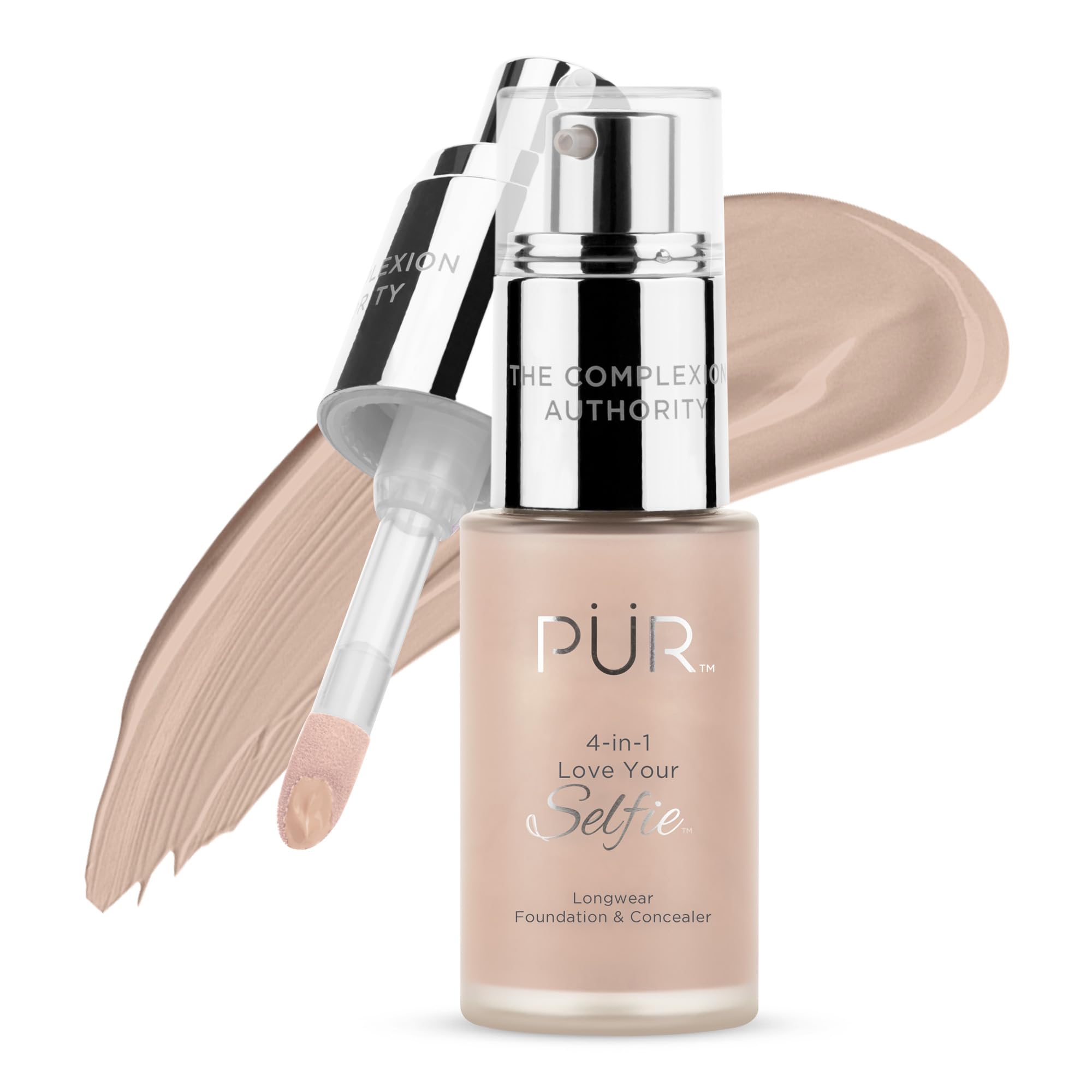 PÜR MINERALS 4-in-1 Love Your Selfie Longwear Foundation and Concealer - Unique, Dual-Applicator Component - Covers Blemishes and Imperfection - Reduce Fine Lines and Wrinkles - MP3 - 1 oz Makeup