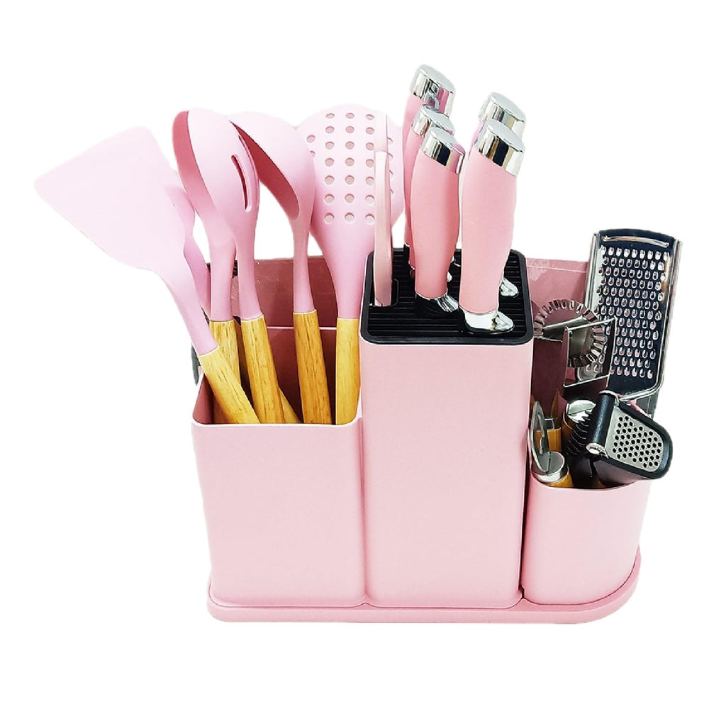 DANFFI 20-Piece Pink Kitchen Utensil Set – Silicone Cooking Tools with Wooden Handles, Knife & Scissor Set, Cutting Board, Grater & More – Non-Stick, BPA-Free Kitchen Gift Set