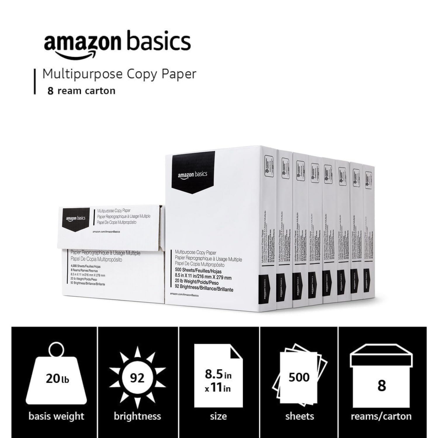 Amazon Basics Multipurpose Copy Printer Paper, 20 lb, 8.5 x 11 Inches, 8 Reams (4,000 Sheets), 92 Bright White, Great for Crisp Ink Printing