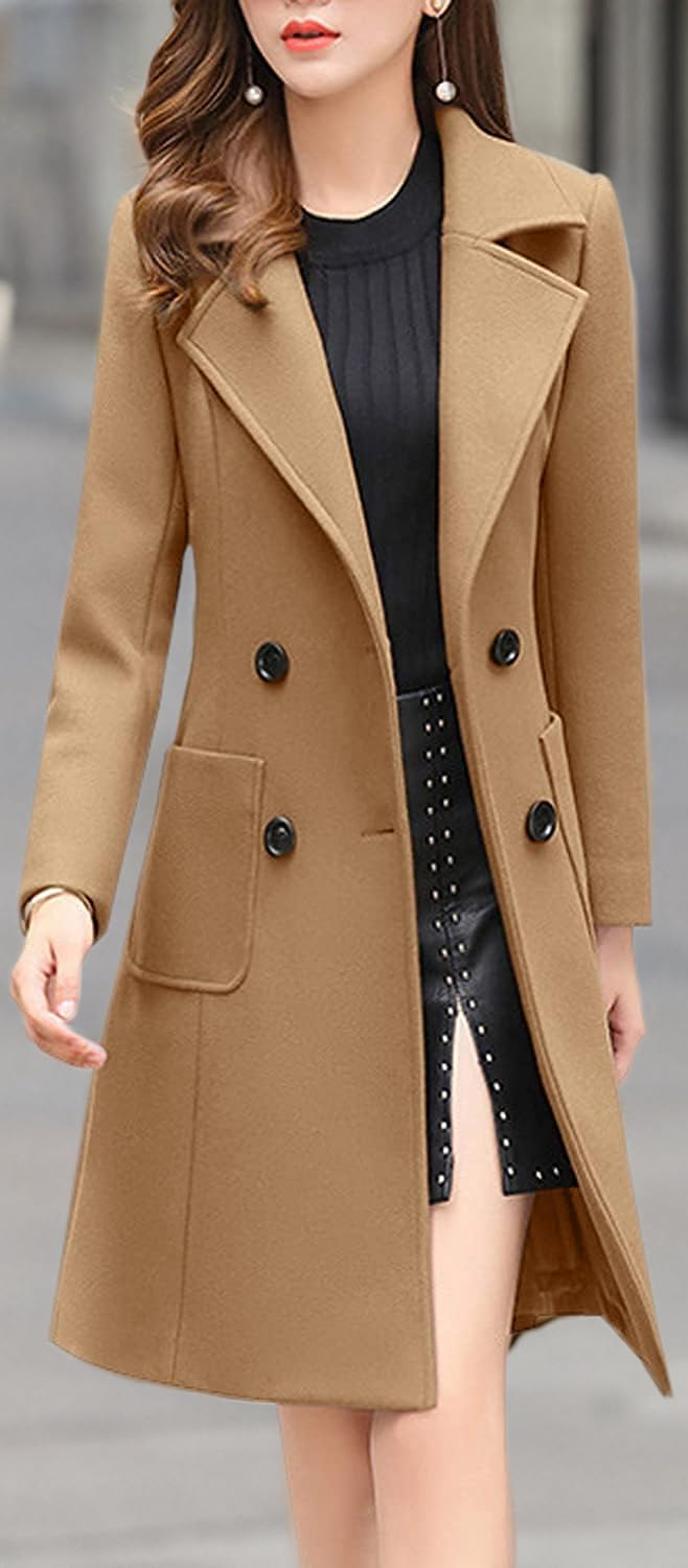 chouyatou Women Elegant Notched Collar Double Breasted Wool Blend Over Coat (Medium, Camel)