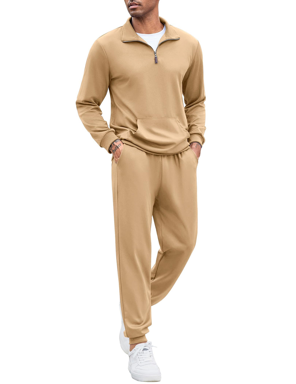 COOFANDY Men's Jogging Outfits 2 Piece Casual Outfit Sets Quarter Zip Pullover Lightweight Khaki XXXL
