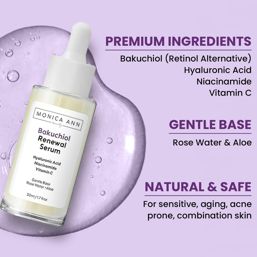 Monica Ann Beauty Bakuchiol Serum – Retinol Alternative with Hyaluronic Acid, Niacinamide & Vitamin C – Anti-Aging, Brightening, Hydrating Face Serum for Fine Lines & Wrinkles (1.7 fl oz)