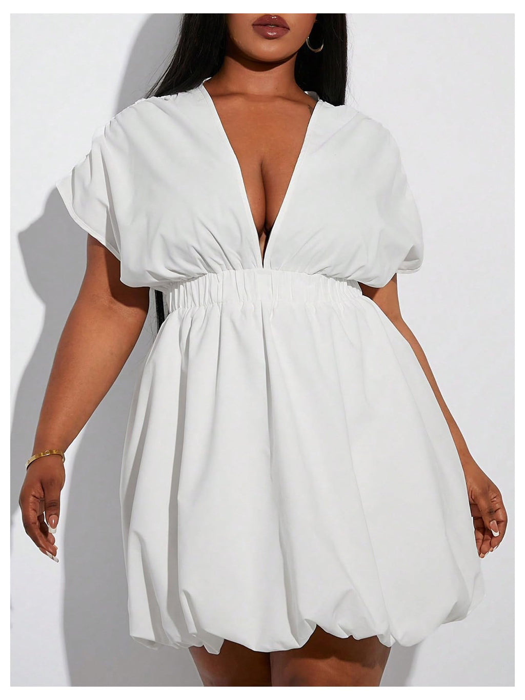 WDIRARA Women's Plus Size Deep V Neck Bubble Dress Short Sleeve A Line Mini Dresses White XX-Large Plus