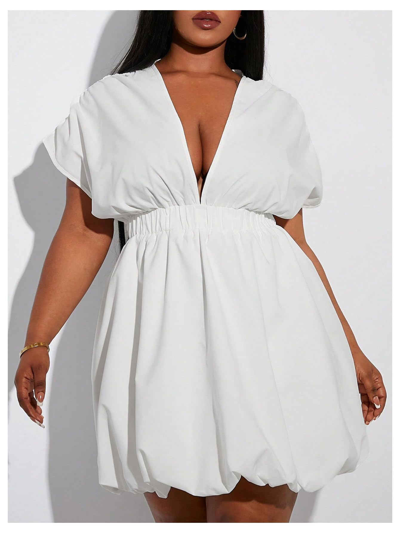WDIRARA Women's Plus Size Deep V Neck Bubble Dress Short Sleeve A Line Mini Dresses White XX-Large Plus