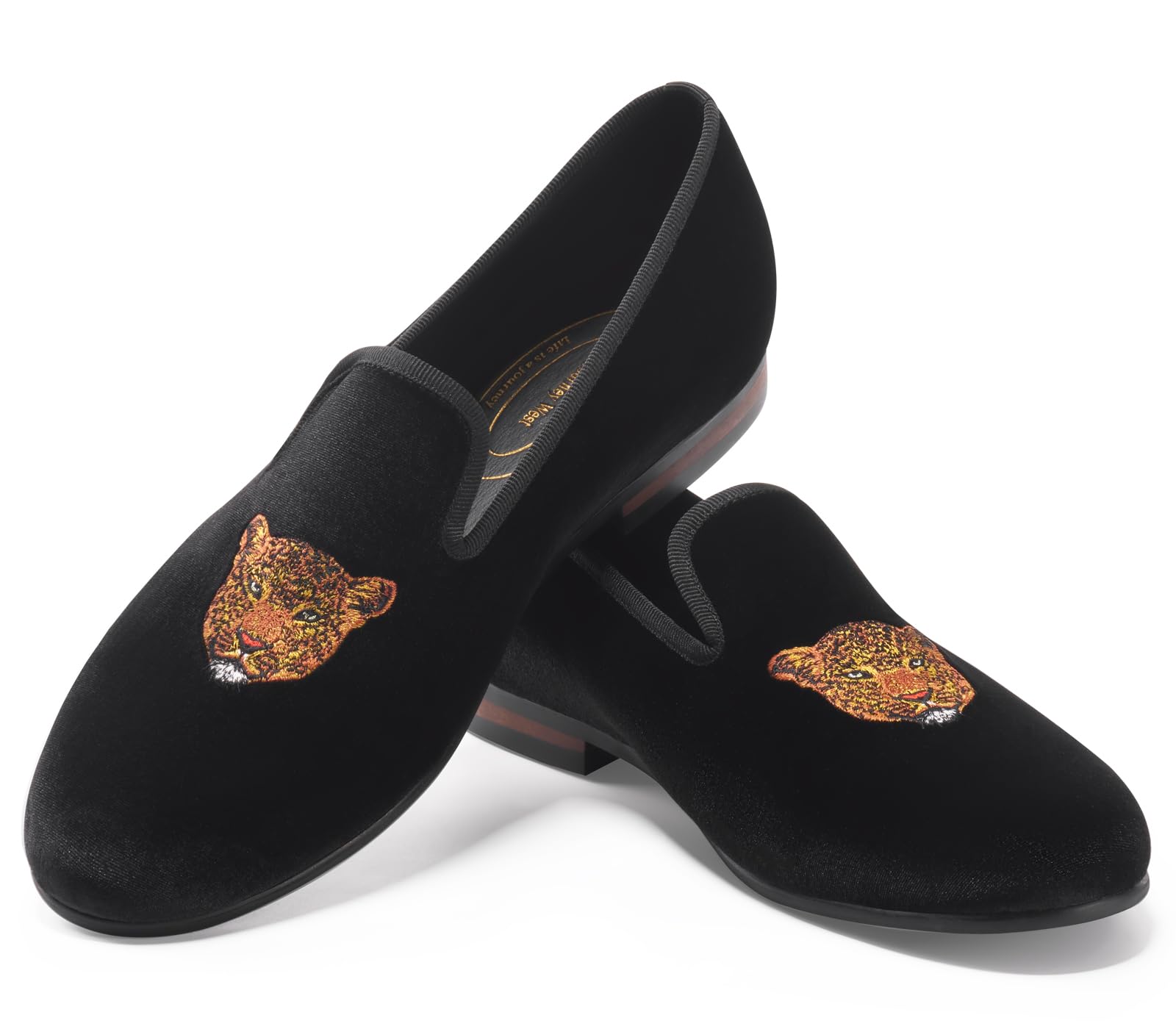 Journey West Men's Velvet Loafers Embroidery Slip-On Loafers Tuxedo Dress Shoes Smoking Slippers for Men Leopard Black 12