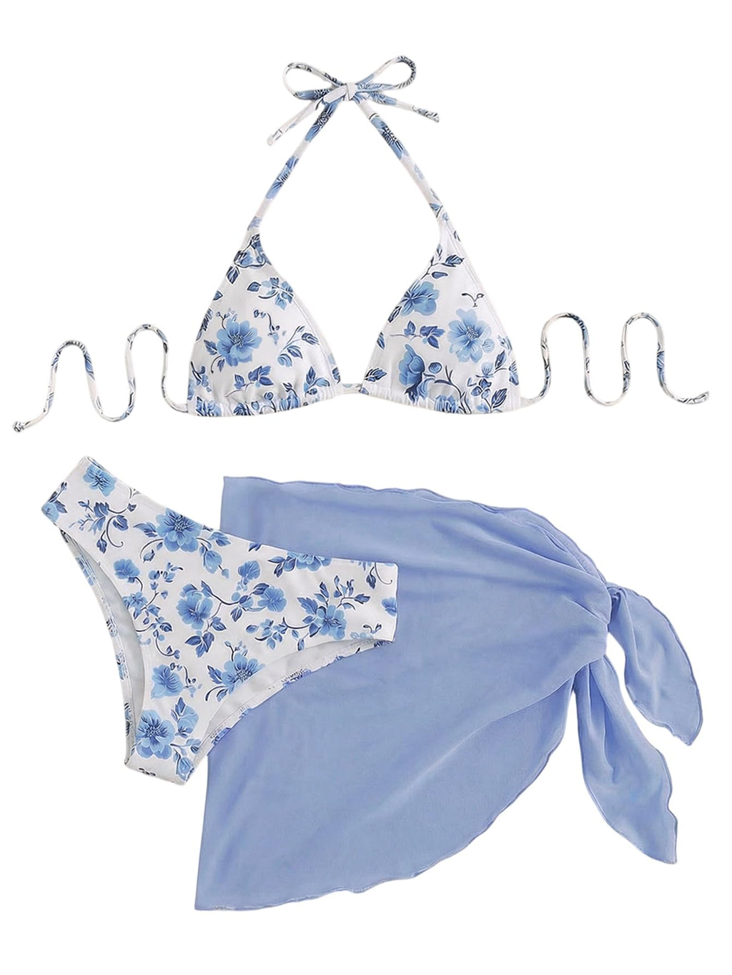 SHENHE Women's 3 Piece Polka Dots Floral Bikini Set with Wrap Coverup Halter Triangle Swimsuits Blue W Large