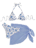 SHENHE Women's 3 Piece Polka Dots Floral Bikini Set with Wrap Coverup Halter Triangle Swimsuits Blue W Large
