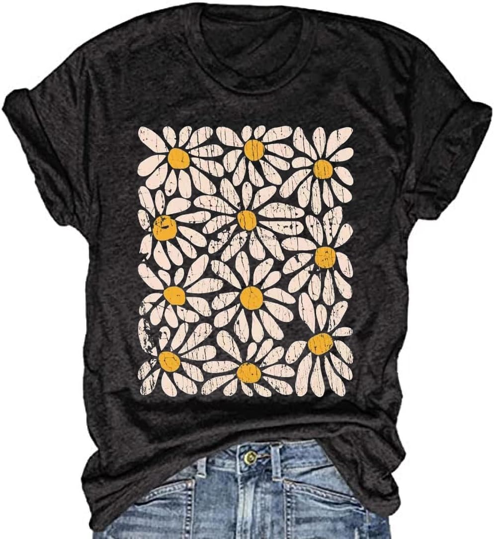 Womens Boho Floral Shirt Vintage Flower Tee T-Shirt Summer Short Sleeve T Shirts Cute Graphic T Shirt(B6A-Black3,XL)