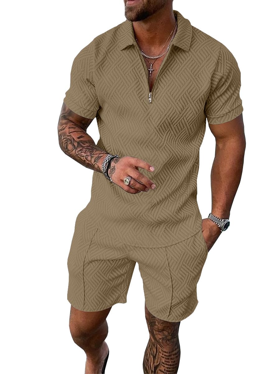 UOUA Mens Short Sets 2 Piece Summer Casual Outfits Polo Short Sleeve Shirts & Shorts Track Suit Jogging Sweatsuit Loungewear Khaki XL