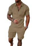 UOUA Mens Short Sets 2 Piece Summer Casual Outfits Polo Short Sleeve Shirts & Shorts Track Suit Jogging Sweatsuit Loungewear Khaki XL