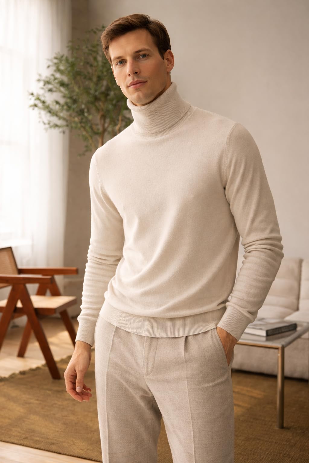 State Cashmere Men's Essential Turtleneck Sweater 100% Pure Cashmere Classic Long Sleeve Pullover (Undyed White, Large)